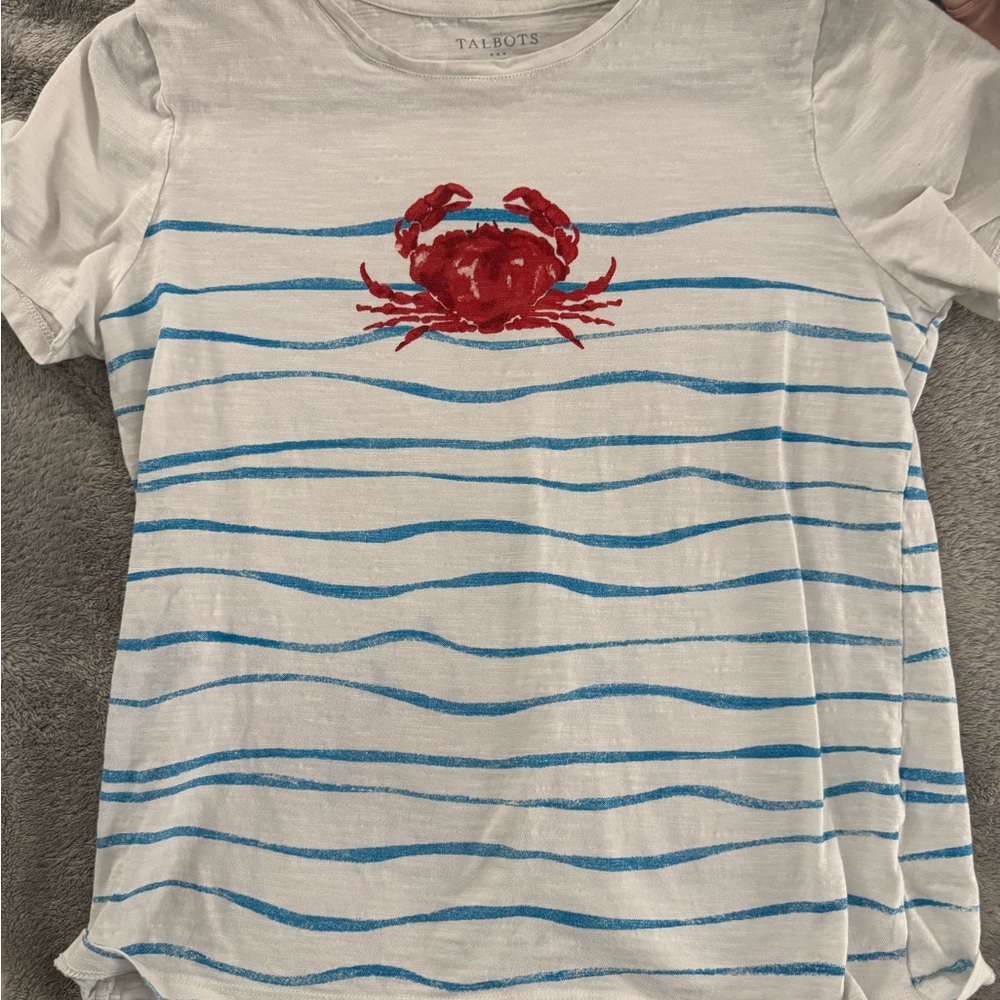 Talbots White and Blue Nautical Tee with Red Crab